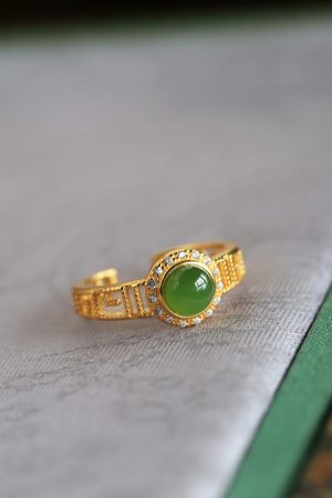 Natural Hetian Jadeite Diamond-Inlaid Silver Ring for Women, 18k Gold Plated Lightweight Luxury Jewelry