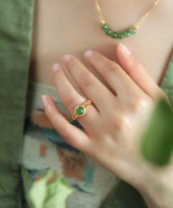 Natural Hetian Jadeite Diamond-Inlaid Silver Ring for Women, 18k Gold Plated Lightweight Luxury Jewelry