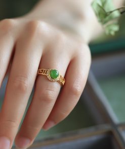 Natural Hetian Jadeite Diamond-Inlaid Silver Ring for Women, 18k Gold Plated Lightweight Luxury Jewelry