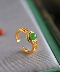 Natural Hetian Jadeite Diamond-Inlaid Silver Ring for Women, 18k Gold Plated Lightweight Luxury Jewelry