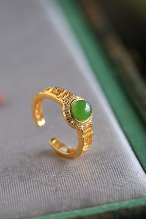 Natural Hetian Jadeite Diamond-Inlaid Silver Ring for Women, 18k Gold Plated Lightweight Luxury Jewelry