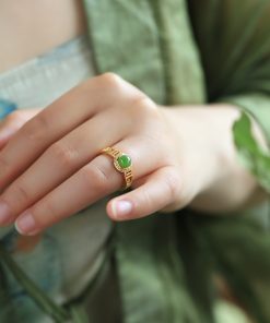 Natural Hetian Jadeite Diamond-Inlaid Silver Ring for Women, 18k Gold Plated Lightweight Luxury Jewelry