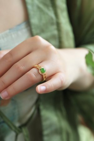 Natural Hetian Jadeite Diamond-Inlaid Silver Ring for Women, 18k Gold Plated Lightweight Luxury Jewelry