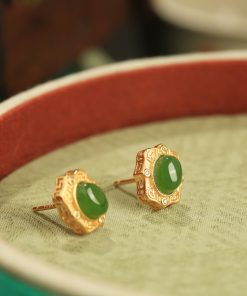 Natural Jade and Hetian Jade Egg-Shaped Stud Earrings for Women - Chinese Style Pure Silver Gold Inlaid Green Jade Jewelry