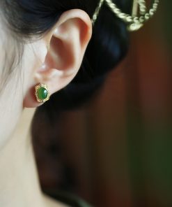 Natural Jade and Hetian Jade Egg-Shaped Stud Earrings for Women - Chinese Style Pure Silver Gold Inlaid Green Jade Jewelry