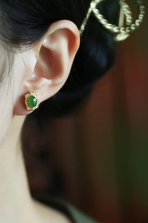 Natural Jade and Hetian Jade Egg-Shaped Stud Earrings for Women - Chinese Style Pure Silver Gold Inlaid Green Jade Jewelry