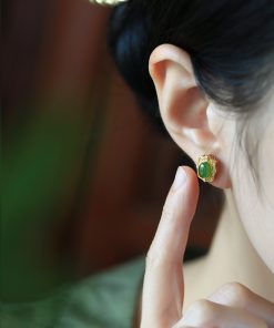 Natural Jade and Hetian Jade Egg-Shaped Stud Earrings for Women - Chinese Style Pure Silver Gold Inlaid Green Jade Jewelry
