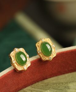Natural Jade and Hetian Jade Egg-Shaped Stud Earrings for Women - Chinese Style Pure Silver Gold Inlaid Green Jade Jewelry