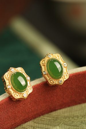 Natural Jade and Hetian Jade Egg-Shaped Stud Earrings for Women - Chinese Style Pure Silver Gold Inlaid Green Jade Jewelry
