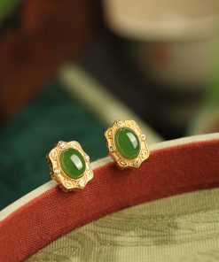 Natural Jade and Hetian Jade Egg-Shaped Stud Earrings for Women - Chinese Style Pure Silver Gold Inlaid Green Jade Jewelry