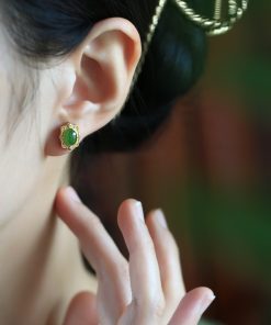 Natural Jade and Hetian Jade Egg-Shaped Stud Earrings for Women - Chinese Style Pure Silver Gold Inlaid Green Jade Jewelry