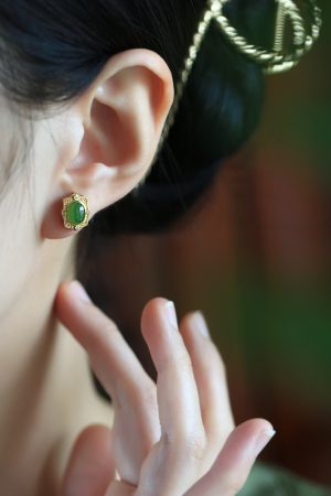 Natural Jade and Hetian Jade Egg-Shaped Stud Earrings for Women - Chinese Style Pure Silver Gold Inlaid Green Jade Jewelry