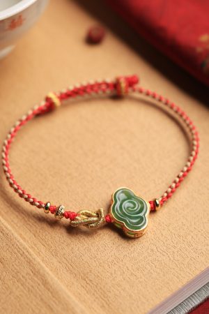 Natural Jade Cloud Bracelet - Hetian Jade & Pure Silver, Handmade Braided Rope, Women's National Style Birth Year Jewelry