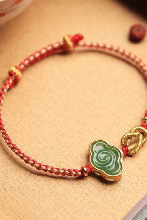Natural Jade Cloud Bracelet - Hetian Jade & Pure Silver, Handmade Braided Rope, Women's National Style Birth Year Jewelry