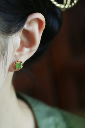 Natural Jade Silver Square Sugar Ear Studs for Women - Chinese Style Green Jade Earrings with Gold Inlaid Design