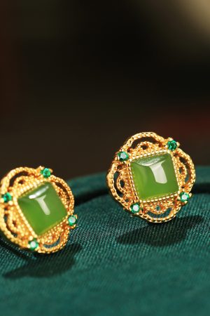 Natural Jade Silver Square Sugar Ear Studs for Women - Chinese Style Green Jade Earrings with Gold Inlaid Design