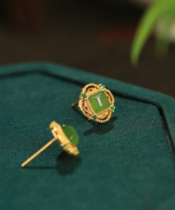Natural Jade Silver Square Sugar Ear Studs for Women - Chinese Style Green Jade Earrings with Gold Inlaid Design