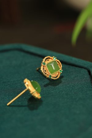 Natural Jade Silver Square Sugar Ear Studs for Women - Chinese Style Green Jade Earrings with Gold Inlaid Design