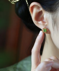 Natural Jade Silver Square Sugar Ear Studs for Women - Chinese Style Green Jade Earrings with Gold Inlaid Design