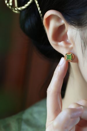 Natural Jade Silver Square Sugar Ear Studs for Women - Chinese Style Green Jade Earrings with Gold Inlaid Design