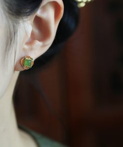 Natural Jade Silver Square Sugar Ear Studs for Women - Chinese Style Green Jade Earrings with Gold Inlaid Design