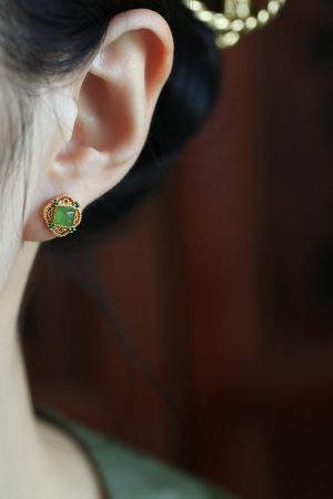Natural Jade Silver Square Sugar Ear Studs for Women - Chinese Style Green Jade Earrings with Gold Inlaid Design