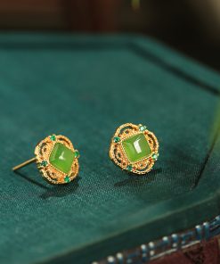 Natural Jade Silver Square Sugar Ear Studs for Women - Chinese Style Green Jade Earrings with Gold Inlaid Design