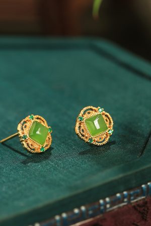 Natural Jade Silver Square Sugar Ear Studs for Women - Chinese Style Green Jade Earrings with Gold Inlaid Design