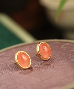 Natural Nanhong Raw Stone Silver Ear Studs for Women, Chinese Style Red Jade Agate Earrings, Birth Year Jewelry, Boho Chic