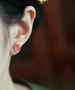 Natural Nanhong Raw Stone Silver Ear Studs for Women, Chinese Style Red Jade Agate Earrings, Birth Year Jewelry, Boho Chic