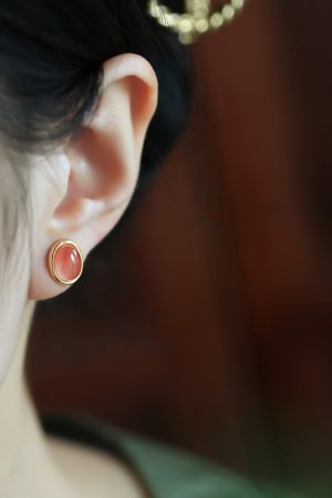 Natural Nanhong Raw Stone Silver Ear Studs for Women, Chinese Style Red Jade Agate Earrings, Birth Year Jewelry, Boho Chic