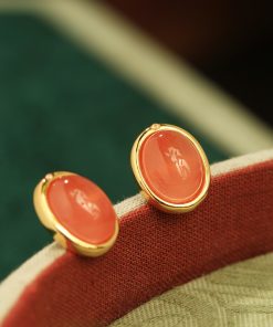 Natural Nanhong Raw Stone Silver Ear Studs for Women, Chinese Style Red Jade Agate Earrings, Birth Year Jewelry, Boho Chic