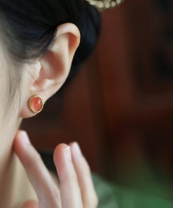 Natural Nanhong Raw Stone Silver Ear Studs for Women, Chinese Style Red Jade Agate Earrings, Birth Year Jewelry, Boho Chic