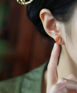 Natural Nanhong Raw Stone Silver Ear Studs for Women, Chinese Style Red Jade Agate Earrings, Birth Year Jewelry, Boho Chic