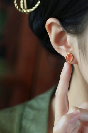 Natural Nanhong Raw Stone Silver Ear Studs for Women, Chinese Style Red Jade Agate Earrings, Birth Year Jewelry, Boho Chic