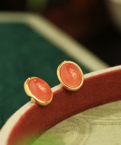 Natural Nanhong Raw Stone Silver Ear Studs for Women, Chinese Style Red Jade Agate Earrings, Birth Year Jewelry, Boho Chic
