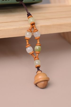 Natural Olive Peach Wood Bell & Xiu Jade Mobile Phone Chain, National Style Cultural Accessories, High-End Lanyard Pendant for Men & Women