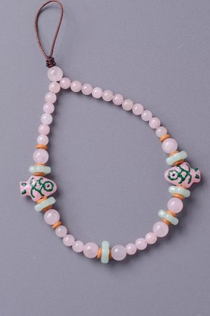 Natural Pink Crystal Glass Small Fish Phone Strap Pendant - Chinese Style Wrist Rope Chain Accessory for Trendy Fashion