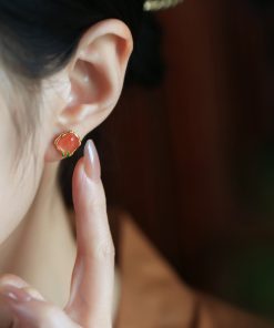 Natural Red Agate Bamboo Joint Square Ear Studs for Women - Chinese Style National Wind Earrings for Birth Year