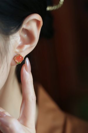 Natural Red Agate Bamboo Joint Square Ear Studs for Women - Chinese Style National Wind Earrings for Birth Year
