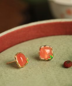 Natural Red Agate Bamboo Joint Square Ear Studs for Women - Chinese Style National Wind Earrings for Birth Year