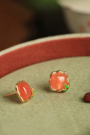 Natural Red Agate Bamboo Joint Square Ear Studs for Women - Chinese Style National Wind Earrings for Birth Year