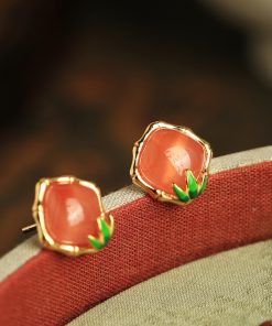 Natural Red Agate Bamboo Joint Square Ear Studs for Women - Chinese Style National Wind Earrings for Birth Year