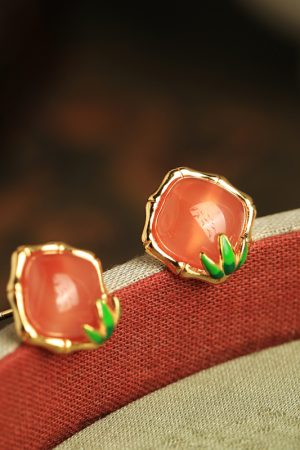 Natural Red Agate Bamboo Joint Square Ear Studs for Women - Chinese Style National Wind Earrings for Birth Year