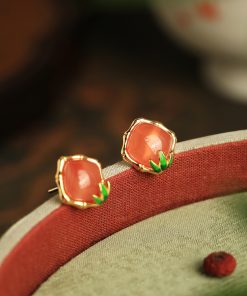 Natural Red Agate Bamboo Joint Square Ear Studs for Women - Chinese Style National Wind Earrings for Birth Year