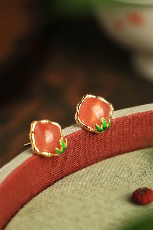 Natural Red Agate Bamboo Joint Square Ear Studs for Women - Chinese Style National Wind Earrings for Birth Year
