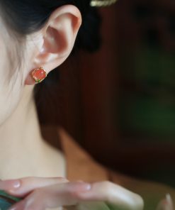 Natural Red Agate Bamboo Joint Square Ear Studs for Women - Chinese Style National Wind Earrings for Birth Year