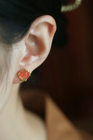 Natural Red Agate Bamboo Joint Square Ear Studs for Women - Chinese Style National Wind Earrings for Birth Year