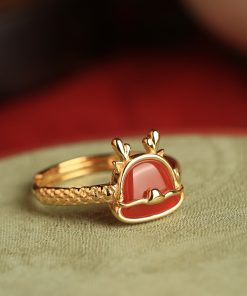 Natural Red Agate Dragon Ring for Women - Chinese Style Light Luxury Retro Silver & Gold-Plated Design
