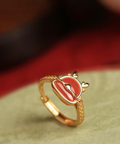 Natural Red Agate Dragon Ring for Women - Chinese Style Light Luxury Retro Silver & Gold-Plated Design